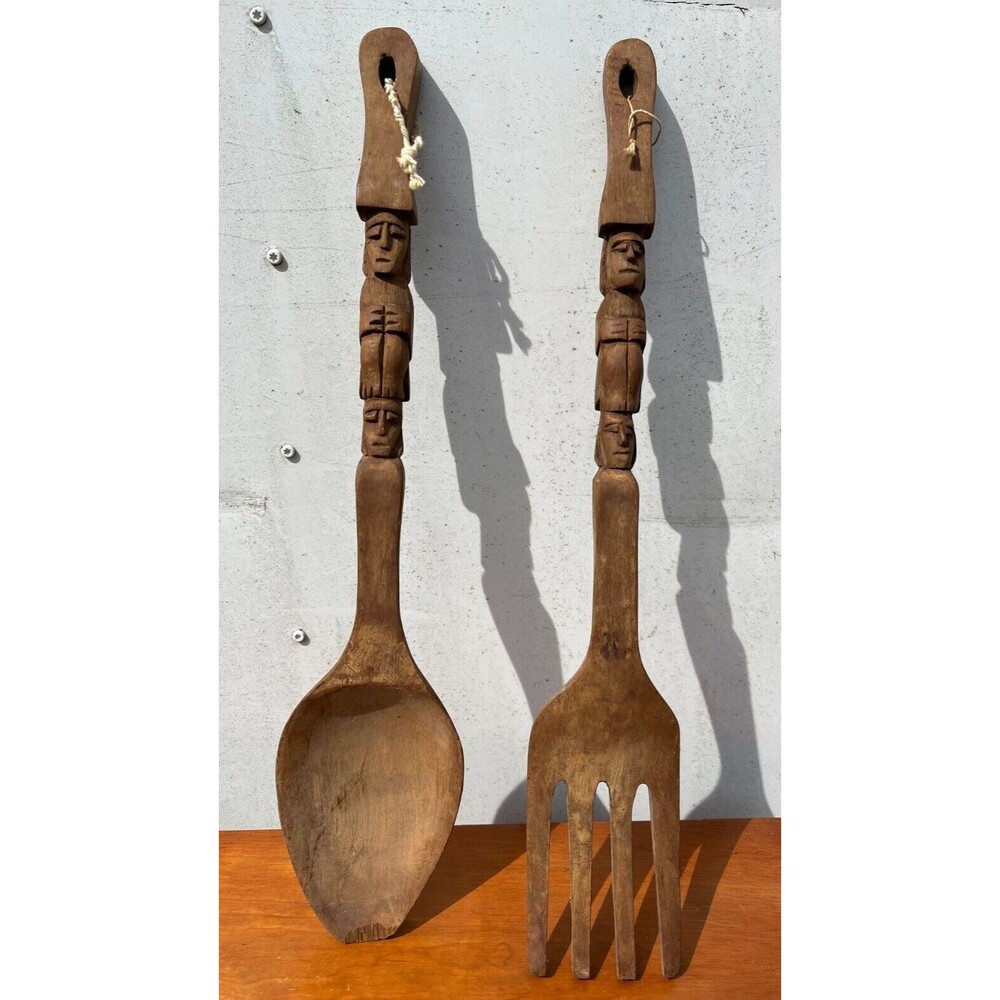 Vintage Carved Wood Fork And Spoon Tiki Totem Handles Wall Decor 21 1/2" MCM